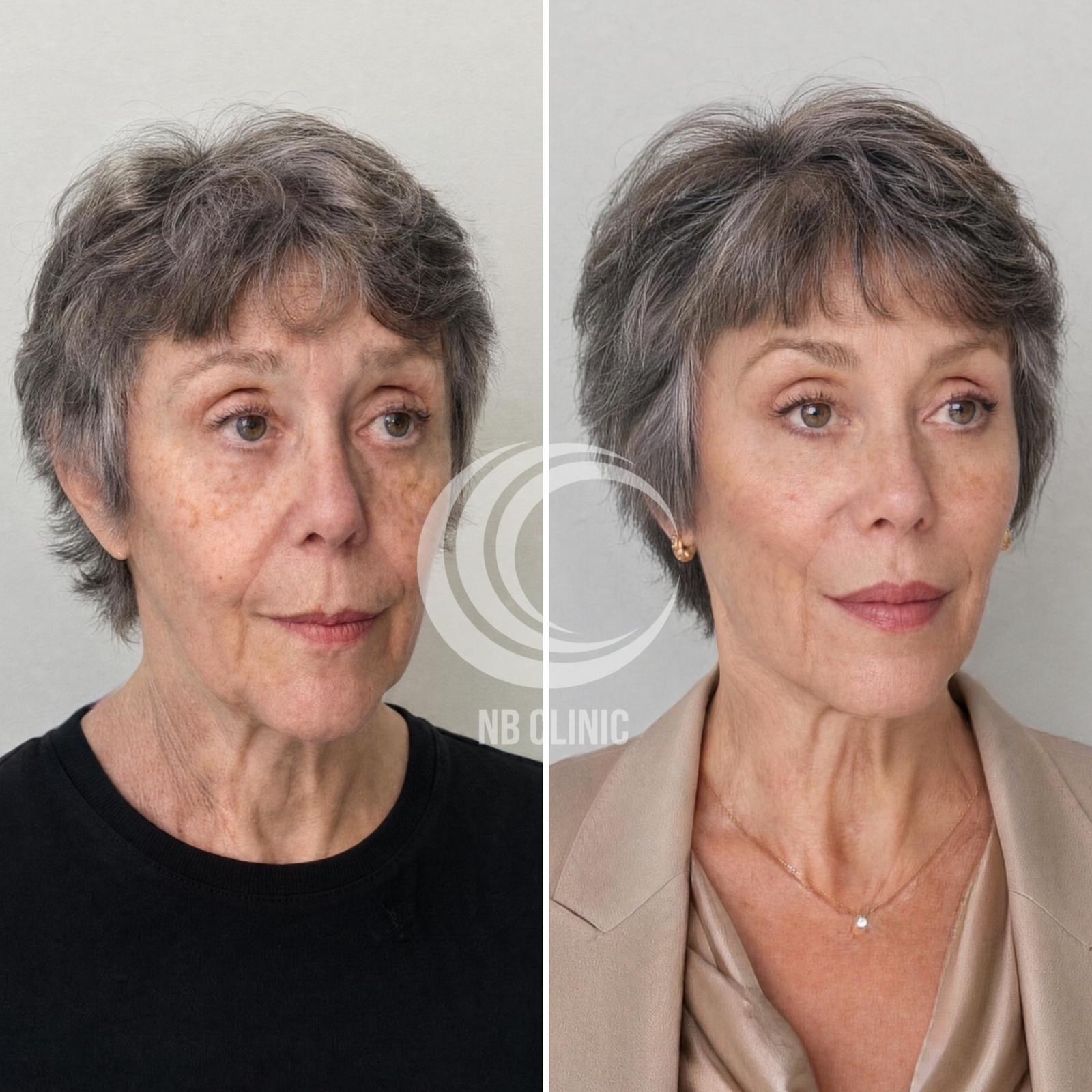Resultado de rejuvenescimento facial — vista três quartos