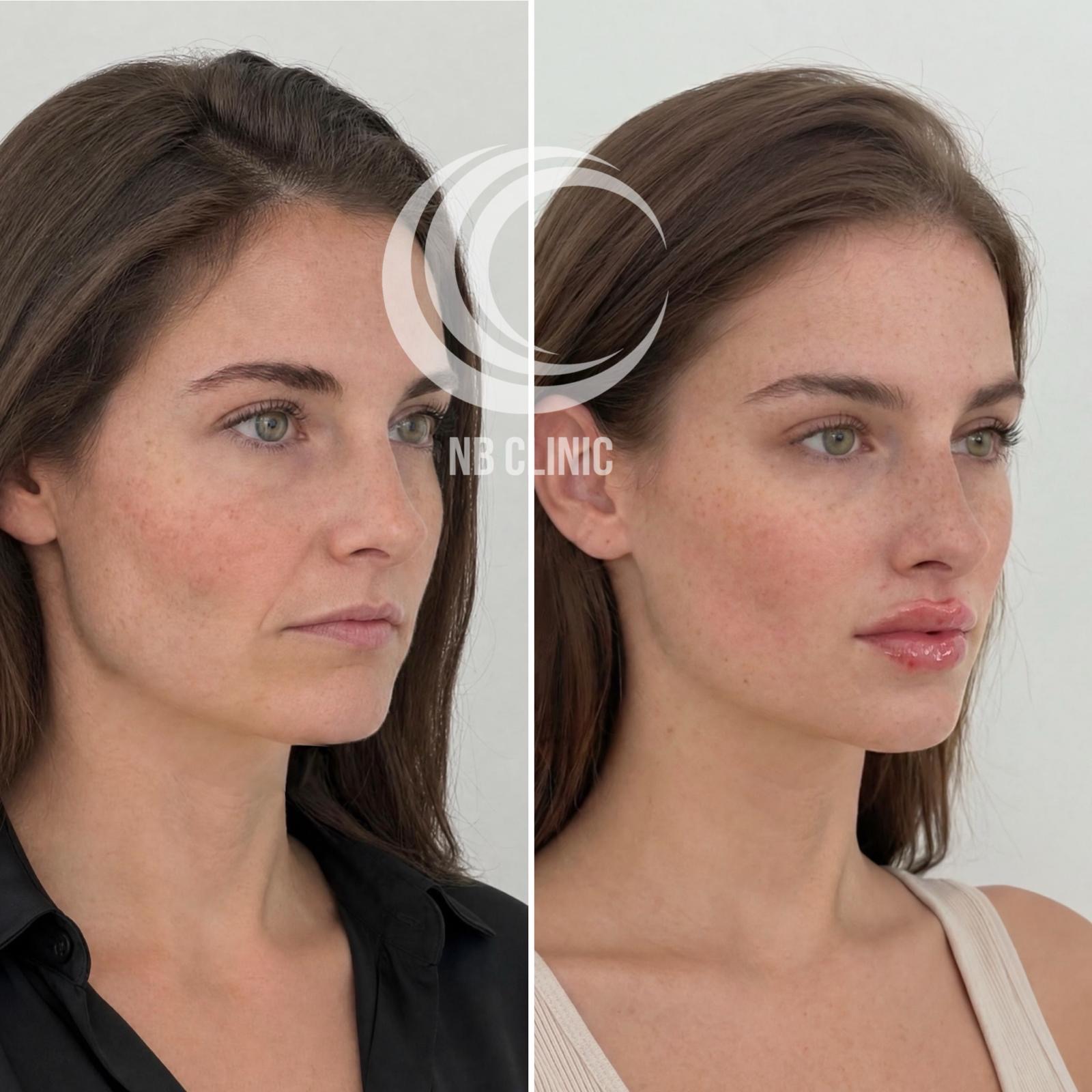 Resultado de harmonização facial — vista três quartos